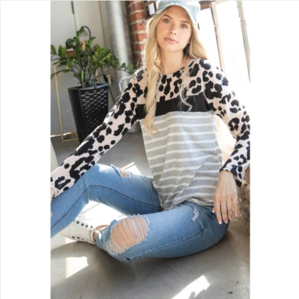 Leopard and Stripes Waffle Long Sleeve Tee LovelyJ
